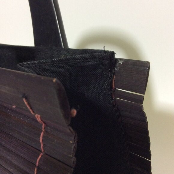 Womens Handmade Bamboo Handbag Wood Handles Loop Button Closure Brown - Picture 11 of 12